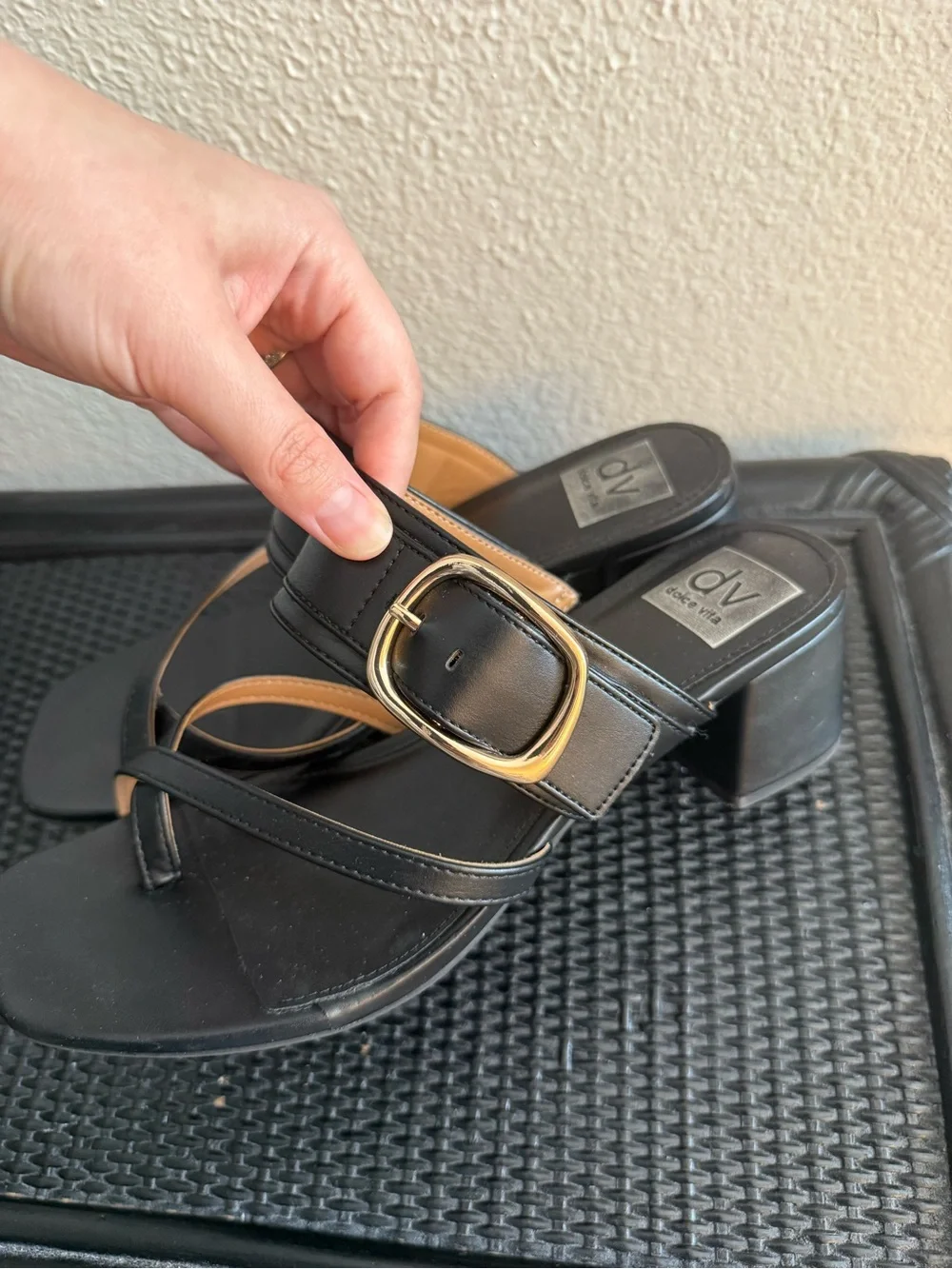 Dolce Vita Black Leather Buckle Strap Block Heel Sandals